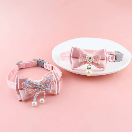 Pet Collar Pink Lace Bow Hanging Bead Cat Choker
